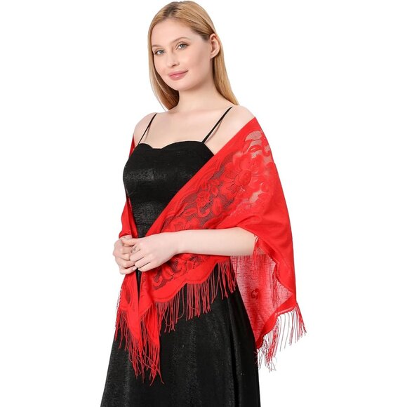Women Red Triangle Lace Shawl Wrap Floral Lightweight Fringe Scarf Evening Dress - Picture 3 of 5